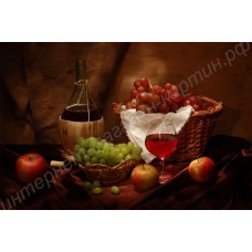 Натюрморт: фрукты и вино на столе, выполненный маслом на холсте